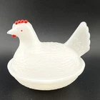 Vintage 4 1/2 Inch Milk Glass Hen on a Nest Candy Dish Red Comb and Waddle