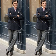 Men's Suits Double-Breasted Peak Lapel Blazer with Gold Buttons Business2-Piece