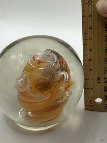 Vintage Art Glass Paperweight Clear with Orange Swirls Bubbles - Picture 5 of 5