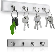 Wall Mounted Key Rail Rack Hanger Holder with 4 Hooks Storage Organizer White 