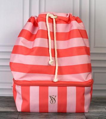 New Victoria Secret Coral/Pink Stripe Drawstring Beach Bag  display picture 2