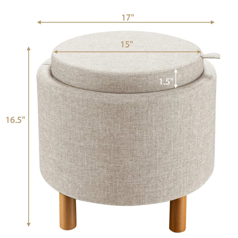 Costway Round Storage Ottoman w/Tray Top Accent Padded Footrest w/Wood Leg Beige - Image 2 of 4