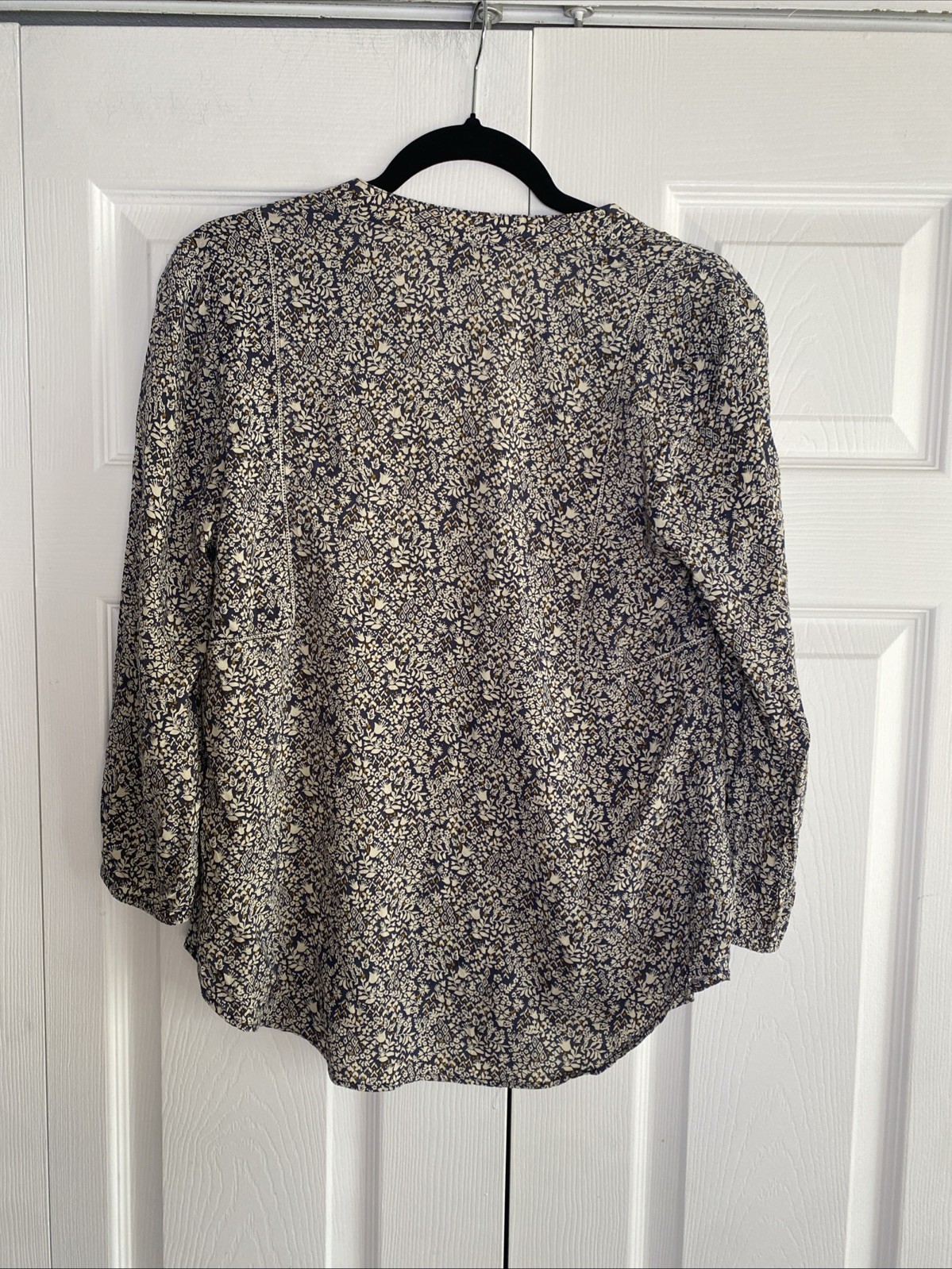 Lucky Brand Womens Small Navy Floral Boho V Neck Tunic Top Dark Cottagecore