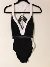 Kenneth Cole Cutout Mesh Wide Straps One-Piece Sexy Swimsuit Black White XL