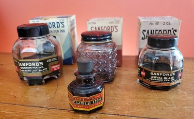 Vintage 4 Different Sanford's Black Indelible Ink Bottles 8 Sided & Boxes