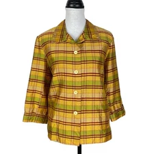 Vintage SilkLand 12 Gold Plaid Dupion Silk 3/4 Sleeve Button Down Shirt Jacket
