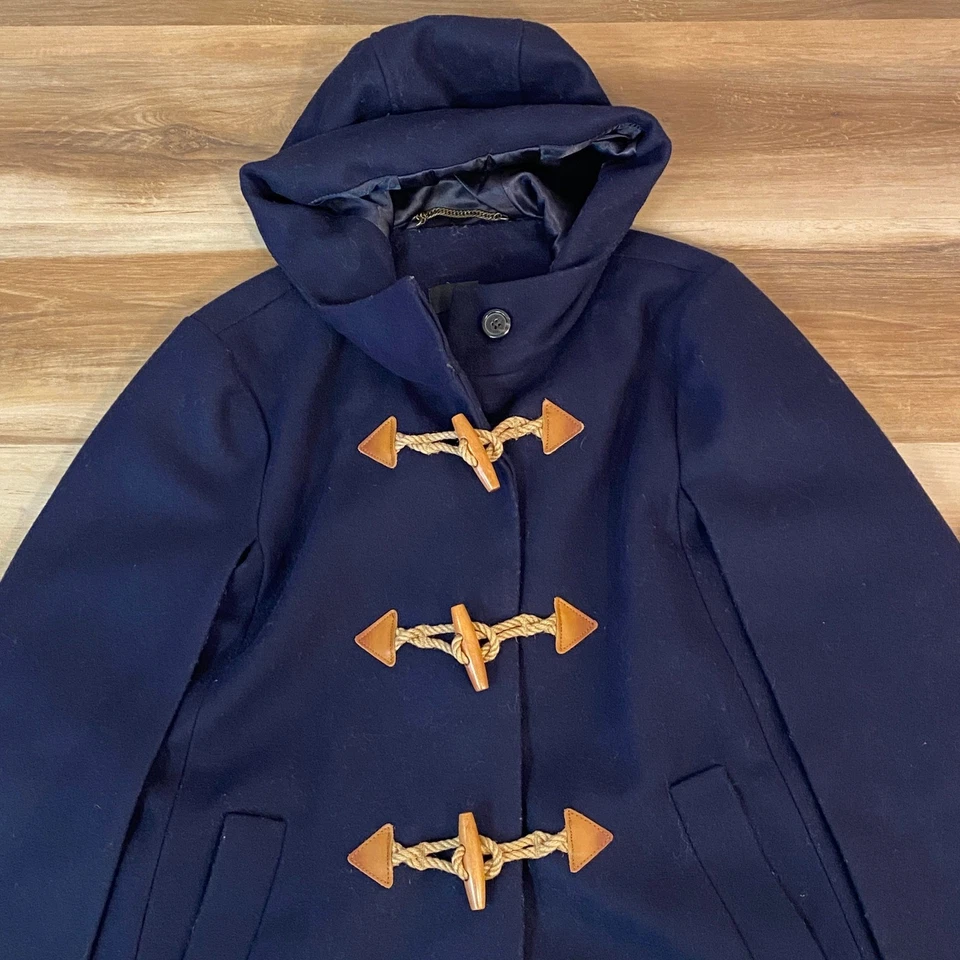 J. Crew Cape Coat Womens S/M Navy Blue Wool Cashmere Wood Toggle Hooded Coat - Image 2 of 4