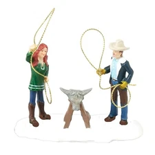 CHRISTMAS VILLAGE HOUSE ACCESSORIES - WOMAN & MAN - LASSO THE STEER FIGURE