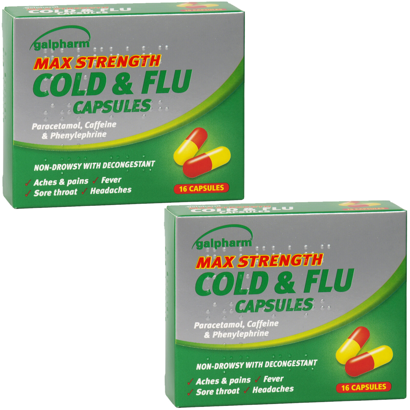 Galpharm Max Strength Cold & Flu Capsules Headache Sore Throat Aches