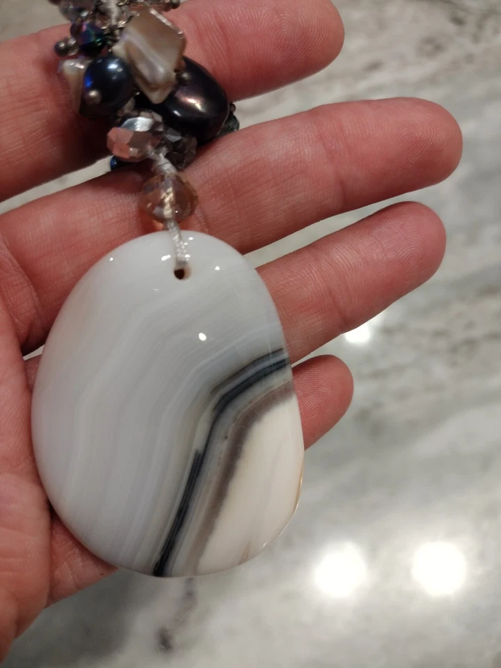 Dramatic Shimmering Agate Pendant Necklace With Glass, Crystal, Stone, Shell - Image 3 of 4