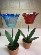 Pair of Glass and Metal Potted Red and Blue Tulip Votives