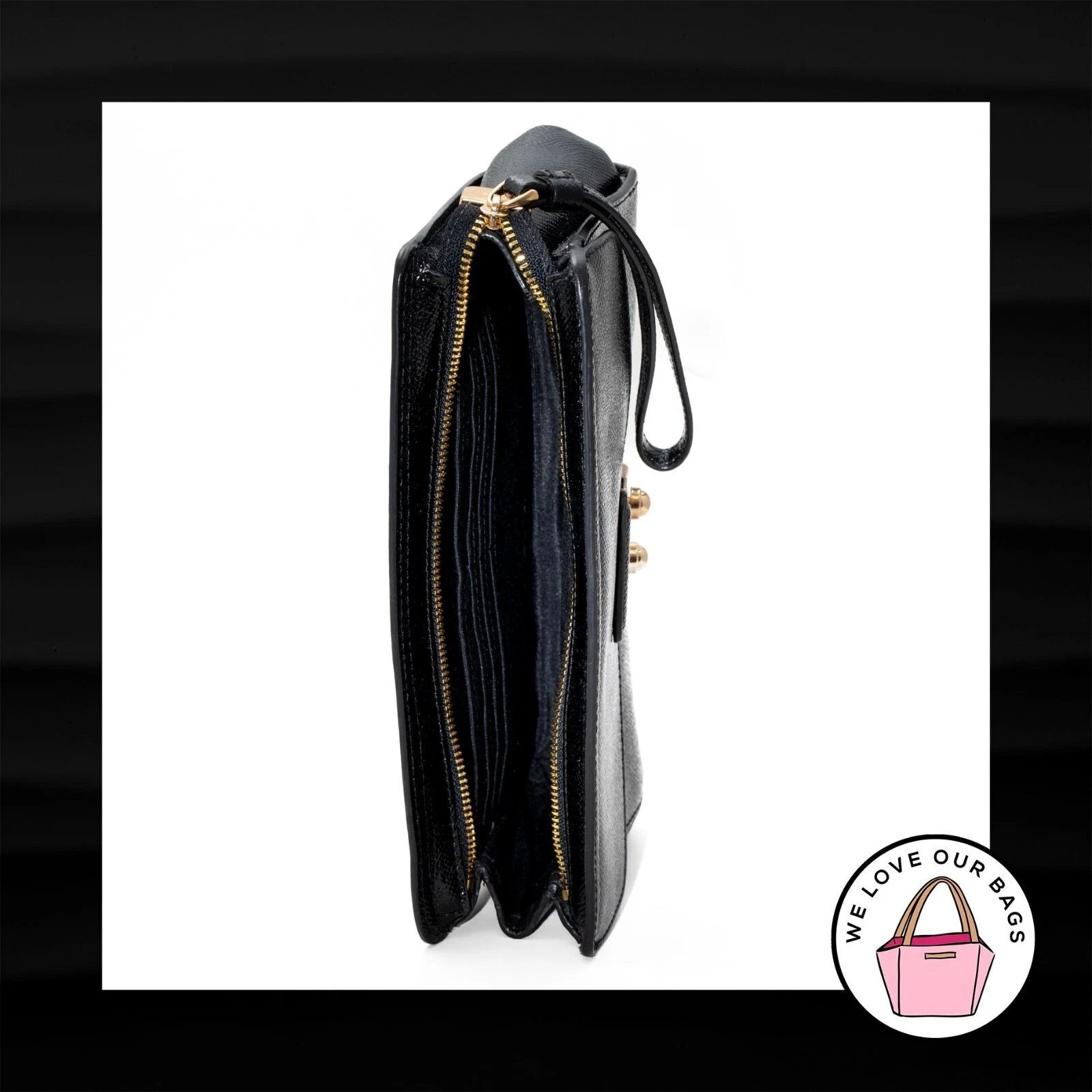 Borsa da polso Coach nuova $275 grande FLAP CLUTCH nera pelle incrociata ottone