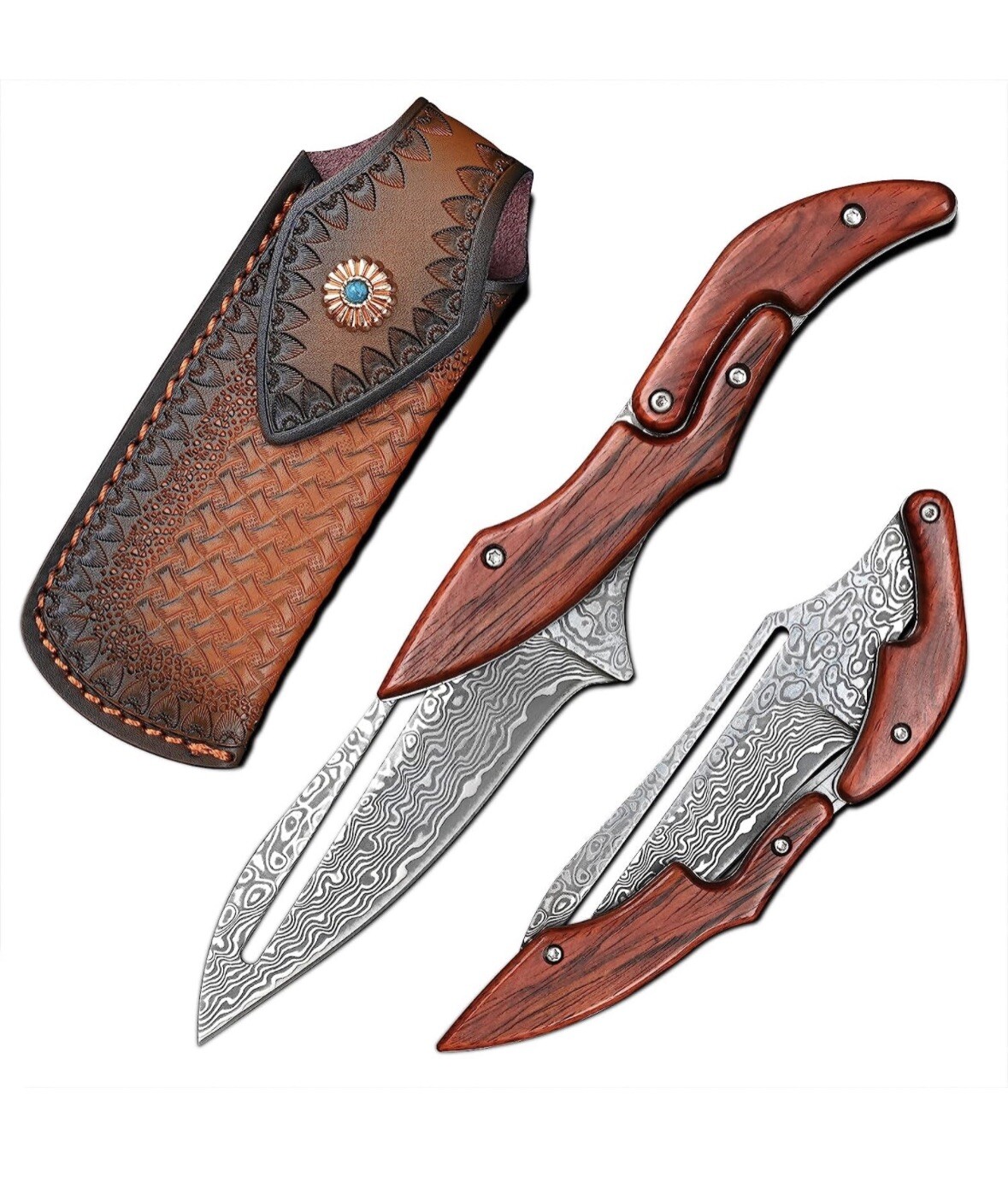 Damascus Folding Knife curved blade, Pocket Knife Yellow Sandalwood