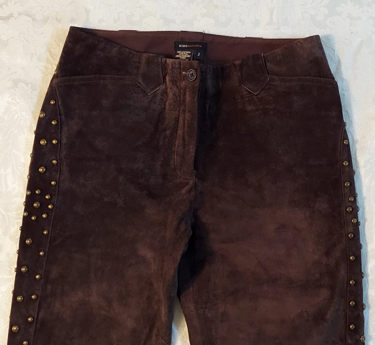 BCBGAMAZRIA Authenic Suede Leather Studs Brown Pants Womens Size 2