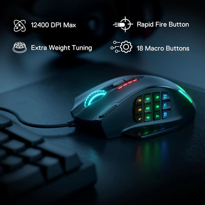 Redragon M908 RGB Gaming Mouse - 18 Programmable Buttons,12400 DPI Free Shipping