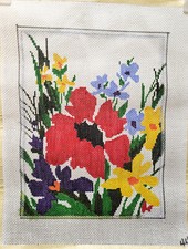 Hand Painted Poppy Bouquet of Flowers Needlepoint Canvas 8.25" X 10.5" NOS