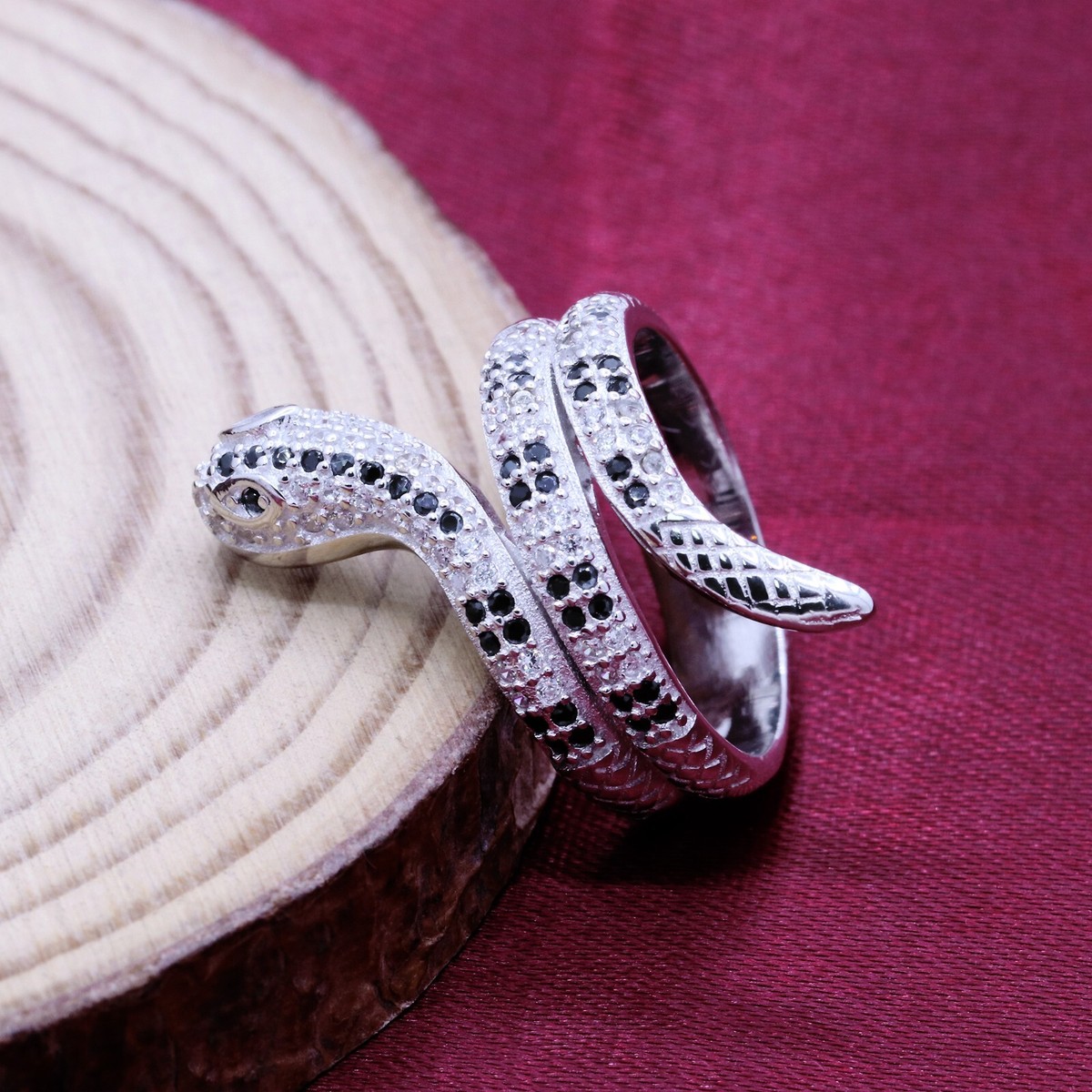 Black & White Cubic Zirconia Snake Layering Ring, 925 Sterling 
