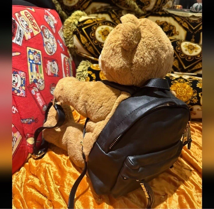 black leather teddy bear backpack Evil Bag Bloody Rose Boutique a delightful accessory that adds both style and playfulness to your look. Black Double-Headed Teddy Bear Plush