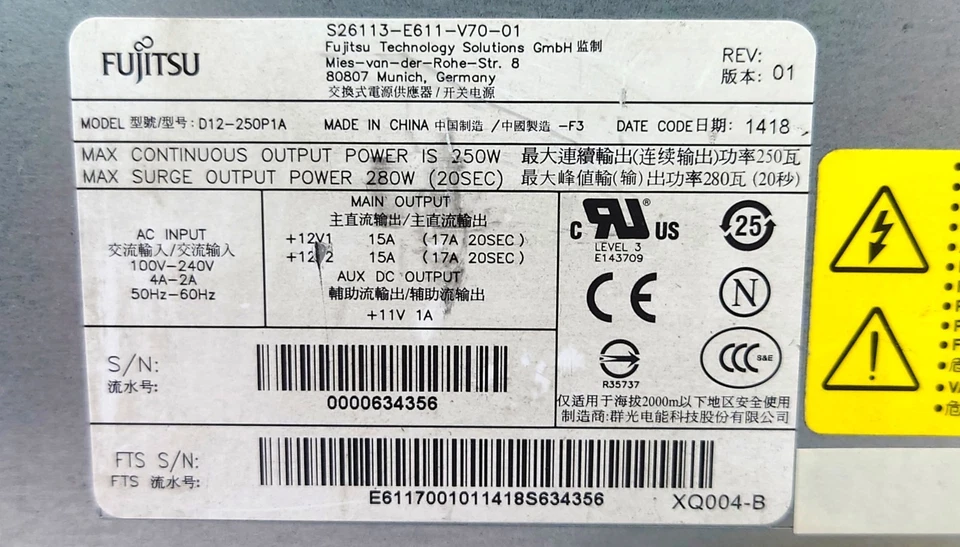 Fujitsu 250W PSU PC Netzteil S26113-E611-V70-01 D12-250P1A Power Supply 16 Pin - Bild 2 von 4