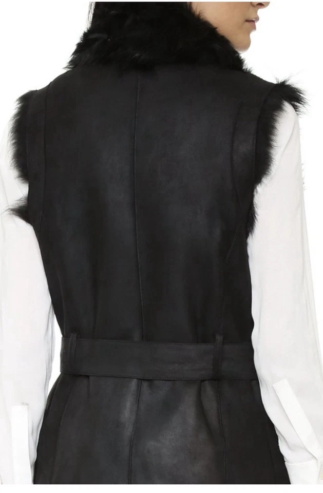 NUEVO VINCE Toscana Chaleco Negro Reversible de Piel de Oveja Cuero con Cinturón Talla XS Foto 2 de 4