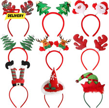 9-Piece Christmas Headband Set Reindeer Antlers, Santa Hats, Elf Hats, Glitter