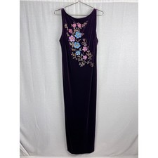 VTG 90s Dress Womens Bias Cut Purple Velvet Hand Painted Floral Whimsigoth Prom