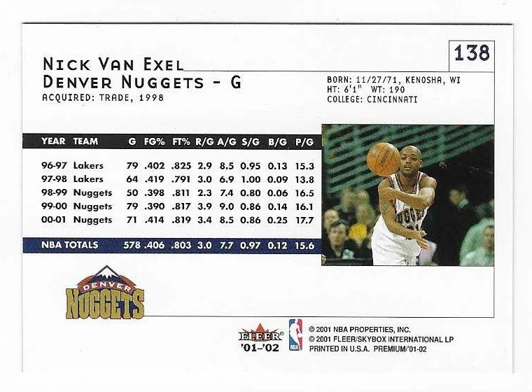 2001-02 Fleer Premium Nick Van Exel Denver Nuggets Basketball Card #138 - Image 2 of 2