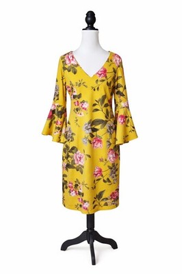 Olivia Matthews Yellow Floral Bell Sleeve Sheath Dress V-Neck Size M