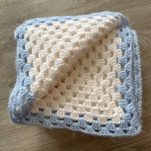 Handmade Crochet Open Weave Crib Baby Blanket Blue White 34” X 36” Soft - Picture 3 of 5