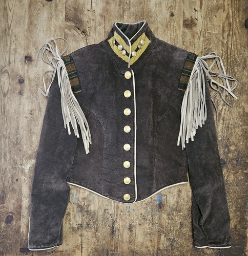 VTG Double D Ranch Wear Beaded Suede Leather Military Western Jacket Fringe XS - Picture 3 of 13