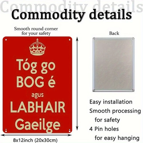 Vintage Irish Gaelic Tin Metal Signs Home Décor 8x12 "Tóg Go Bog É Agus Labhair