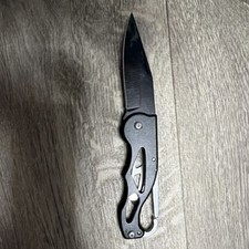 Stainless Steel Folding Pocketknife Drop Point Blade Black Silver Carabiner Clip