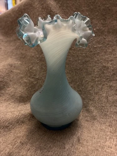 Vintage FENTON Blue Satin Vase Ruffled Crimped Edge 6” Vase