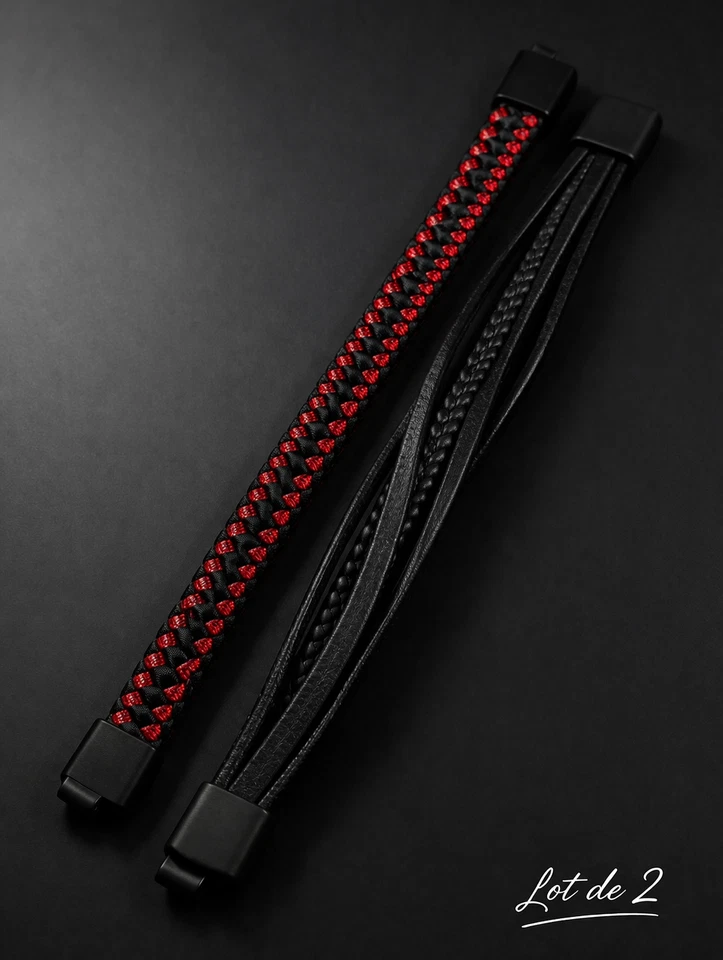 Lot de 2 Bracelets 21 cm – Cuir Noir Multi-Rangs & Tressé Noir/Rouge, - Photo 2/4