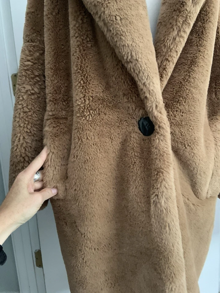 MAGASCHONI Mujeres Talla S Suave Beige Felpa Imitación Piel Maxi Abrigo Largo Forrado Exuberante Foto 3 de 4