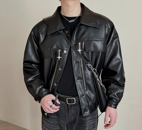 Para hombres Nuevo Moda Invierno Solapa Manga Larga Suelto Imitación Cuero Chaquetas Punk Abrigos - Imagen 7 de 14