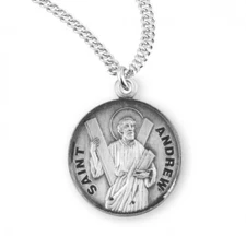 Sterling Silver Plated Round Medal Pendant St. Andrew 0.9in x 0.7in Pray for Us