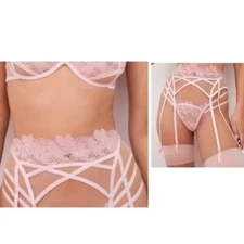 NWT FOR LOVE & LEMONS AIMEE LT PINK FLORAL LACE GARTER BELT W/STOCKING STRAPS S