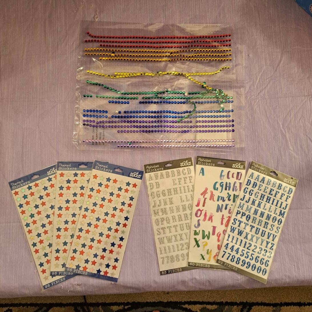 7 Piece Craft Alphabet Stickers & Sticker Gemstones Bundle Lot