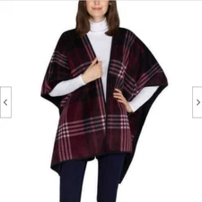 IKE BEHAR WOMEN'S WRAP SHAWL PONCHO REVERSIBLE FUZZY(BURGANDY/BLK ONE SIZE) NWT