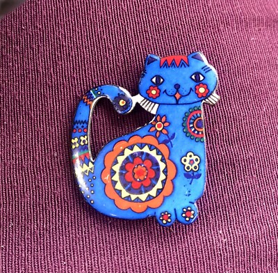 Vintage Mod Boho Bohemian Copper Enamel Kitty Cat Pin Brooch Vibrant Colorful