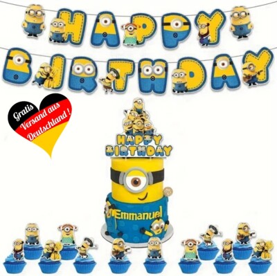 MINIONS GEBURTSTAGS DEKO SET   Happy Birthday Banner Cupcake Topper Torten Deko