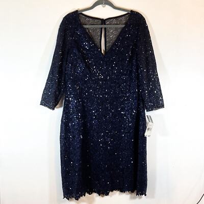 NWT Kay Unger New York Sequined Mesh Sheath Dress Navy Plus Size