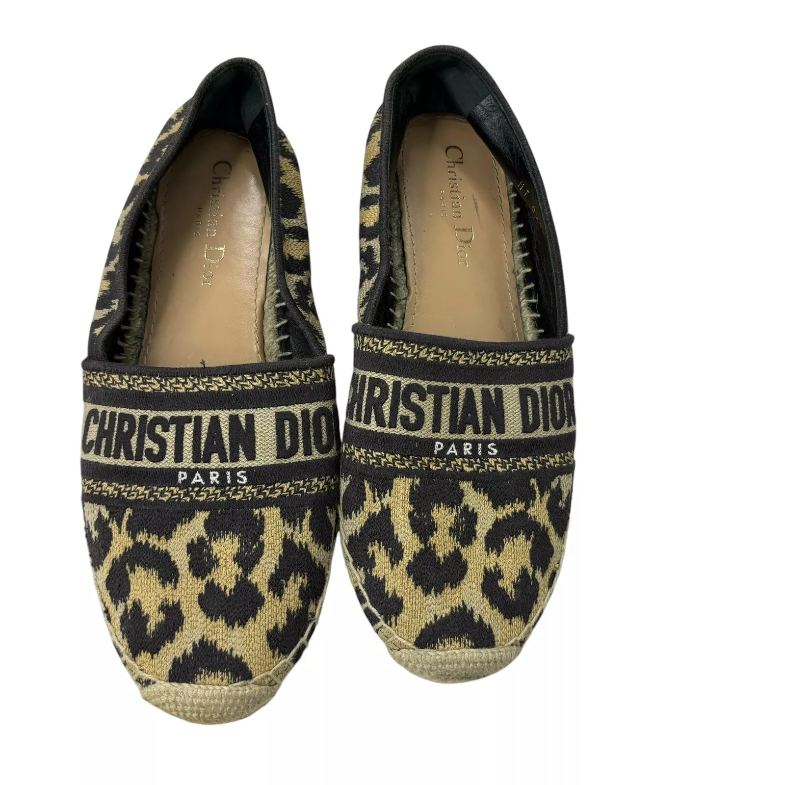 Espadrille plate Dior Granville marron doré beige imprimé léopard brodée 38