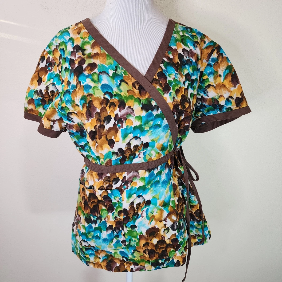 Koi Womens Kathryn Scrub Top Sized XL Teal Brown Abstract Shirt