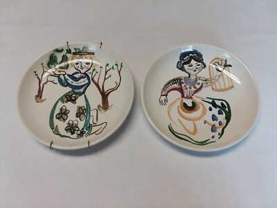 Secla Portugal Plate Painted By Hansi Stael Beautiful Women Impressed Mark -PAIR