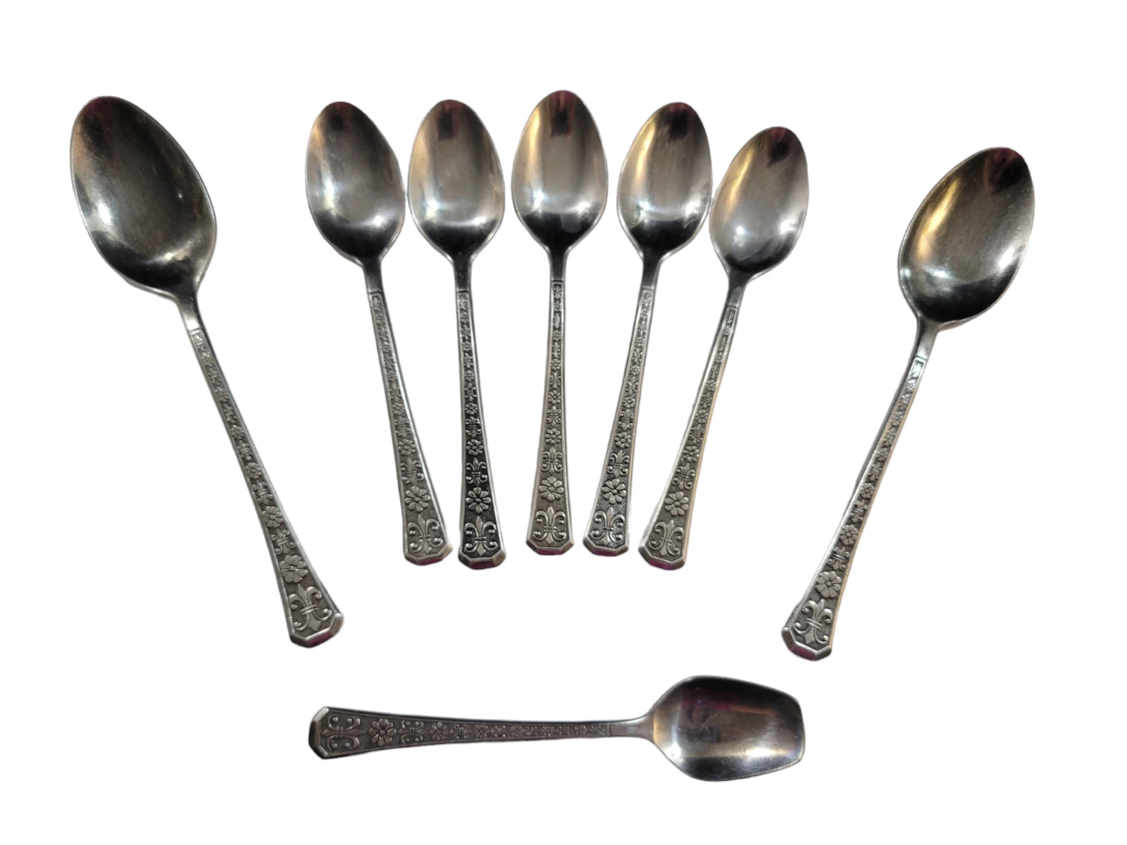Lot of 8 Interpur FLORENZ Spoons Stainless 8 Petal Black Textured Korea Flatware