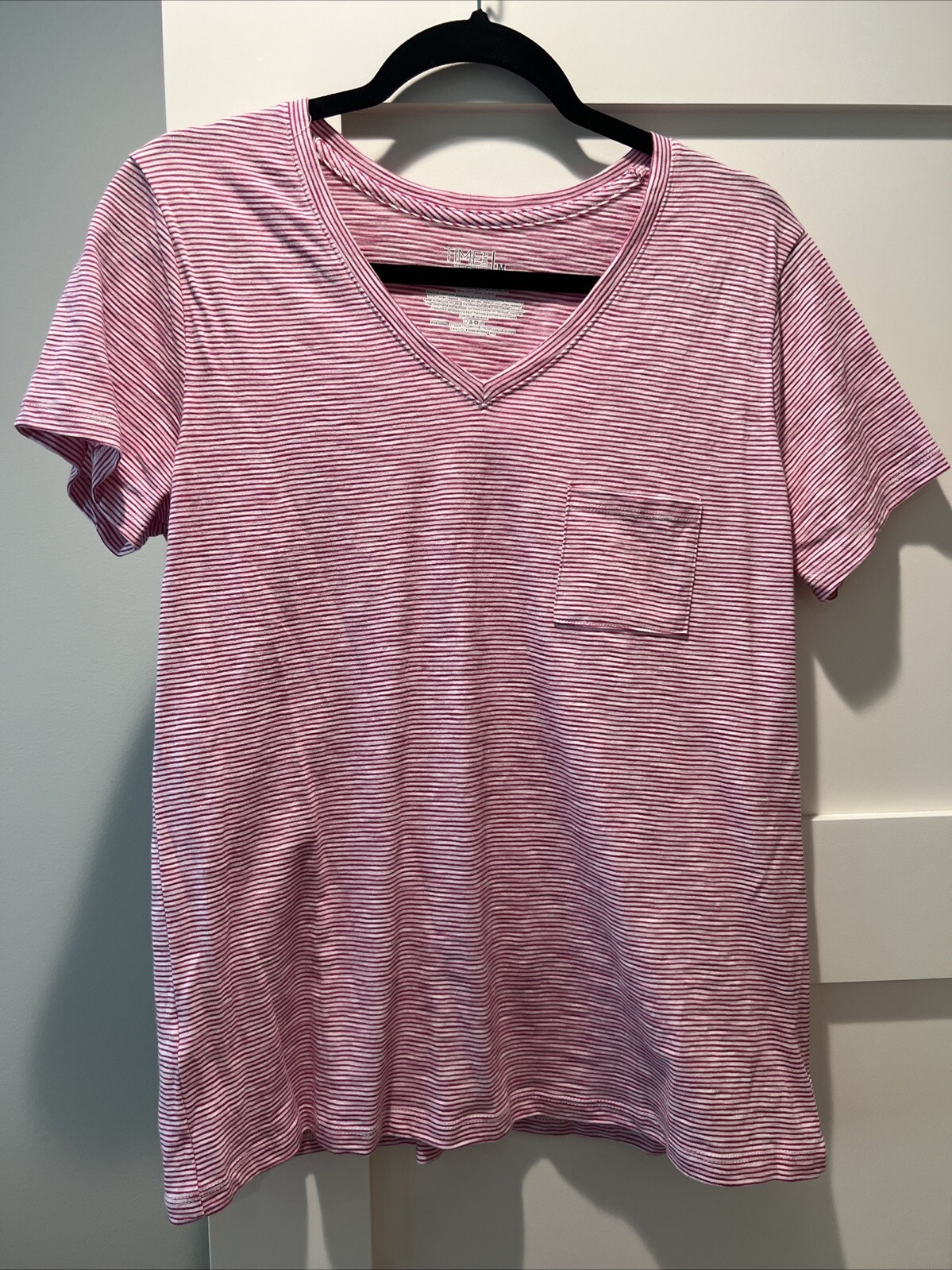 Time And Tru Women’s V Neck Cotton T Shirt Pink Striped M 8-10