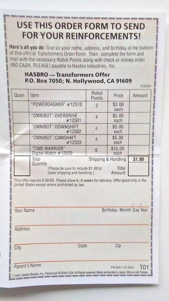Transformers G1 Reinforcements from Cybertron Insert, Mail-In 1985 Near Mint! - Image 2 of 3