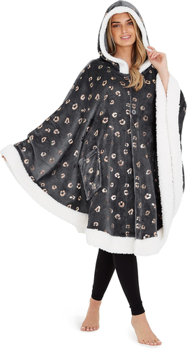 Felpa Coperta Con Cappuccio Da Donna, Poncho in Pile Oversize, Mantella Plaid In - Foto 11 di 12